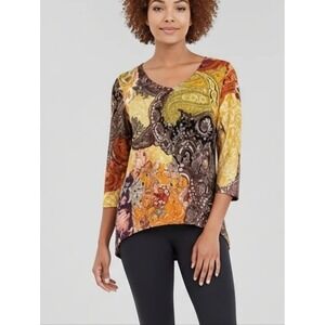 Chico's Orange Purple Paisley Floral Patchwork V-Neck 3/4‎ Sleeve Top Size 0 Sm